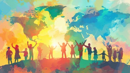 International Youth Day Celebration. Horizontal banner. Silhouettes of young people holding hands against the background of a world map. Free space for text