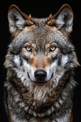 International Wolf Day. Vertical banner. Wolf head on a black background. Wildlife conservation concept. Environmental protection, animal protection