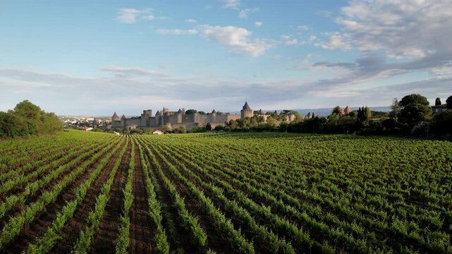 Forward reveal aerial shot of vineyard and Carcassonne Fortress on sunny morning, France.