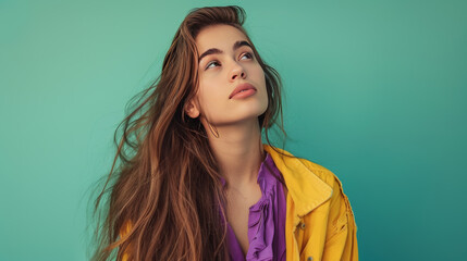 Fototapeta premium A stylish and attractive young woman with long hair is looking with interest at something in front of her. She is wearing a purple and yellow outfit and is standing against a green background.