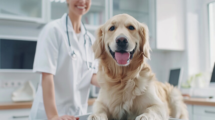 A joyful golden retriever being examined by a smiling veterinarian in a clinical setting, capturing a moment of care and affection.