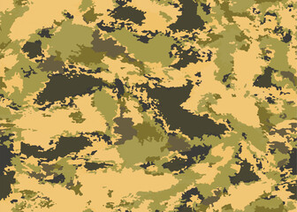 Full seamless watercolor desert camouflage texture print pattern. Usable for Jacket Pants Shirt and Shorts. Army textile fabric. Unique tie dye military camo. Vector illustration.