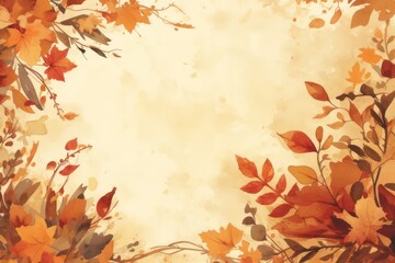 Autumn frame with yellow maple leaves and pumpkins on yellow background. Watercolor illustration. Thanksgiving and Halloween day banner. Flat lay, top view, border with copy space