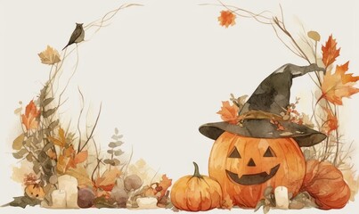 Autumn Halloween frame with yellow maple leaves and pumpkins in witch hat on white background. Watercolor illustration. Halloween day banner. Flat lay, top view, border with copy space