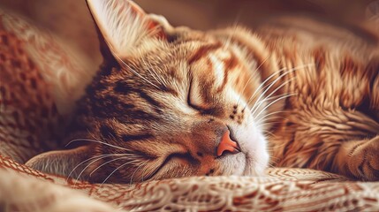 A house cat is sleeping or napping. The pet is resting in a cozy atmosphere. Sweet dream. Illustration for cover, card, postcard, interior design, decor or print.