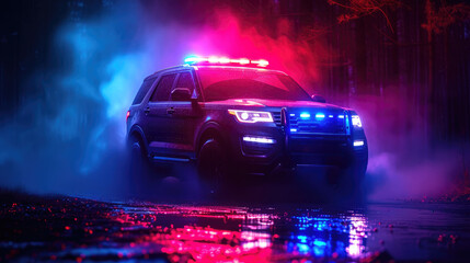 Law Enforcement SUV with Flashing Lights at Night
