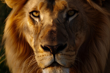 Naklejka premium Lion portrait with intense gaze in natural habitat