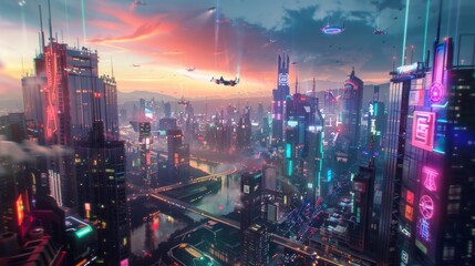 Metaverse city or cyberpunk concept, city of the future. modern cities in the future. flying cars, new modern buildings and high-rise buildings. business centers and infrastructure. neon lights