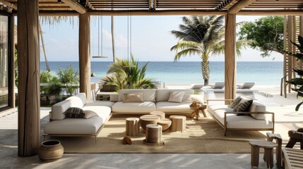 Fototapeta premium Tropical Beachfront Villa Living Room With White Couches and Wooden Coffee Tables