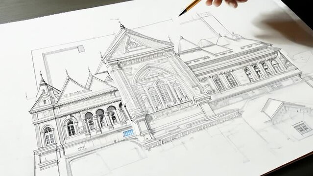 A persons hand carefully draws an intricate architectural sketch of a building using a pencil on white paper