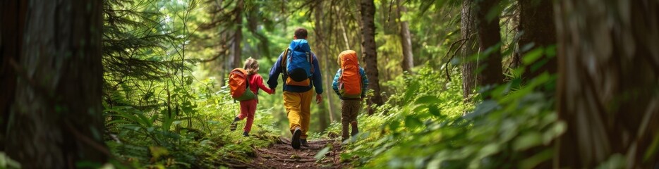 Fototapeta premium A family of three is hiking in the forest, wearing colorful and backpacks They walk along an old trail surrounded by tall trees with green foliage Generative AI