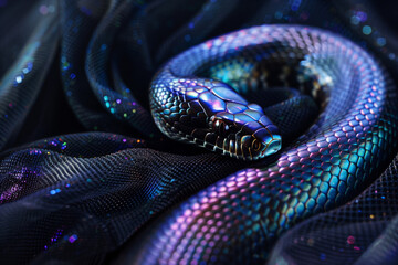 Obraz premium Black snake with iridescent neon skin pattern laying on black sparkling fabric, symbol of a year, beautiful wallpaper photo