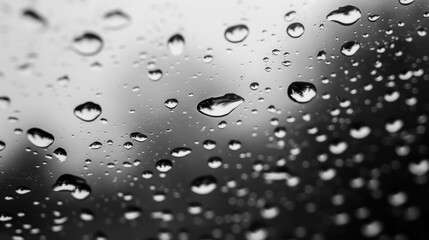 Water droplets, black and white, cling to a glass surface.