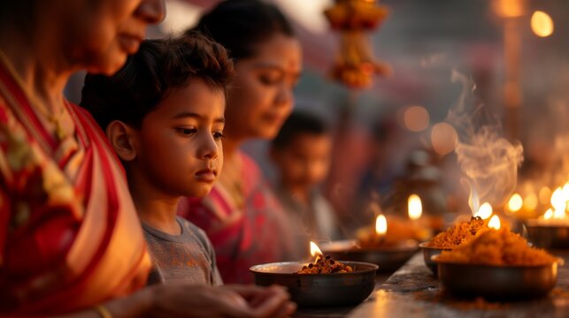 A family conducts a morning arati ceremony, offering prayers and lighting lamps