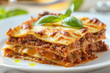 Close up of beef lasagna with basil on a white plate