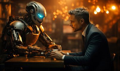 Futuristic encounter between a businessman and humanoid robot in