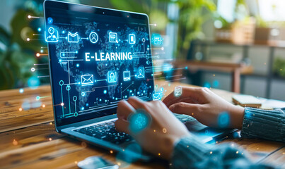 Engaging in Online Learning: Individual Accessing E-Learning Platform via Smartphone with Educational Icons Floating