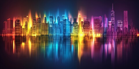 Modern abstract background with urban skyline reflections and skyscrapers in neon colors