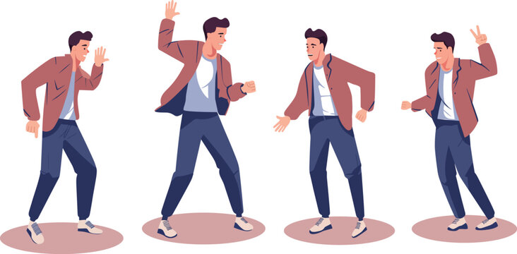 male character in movements, different poses dancing, moving