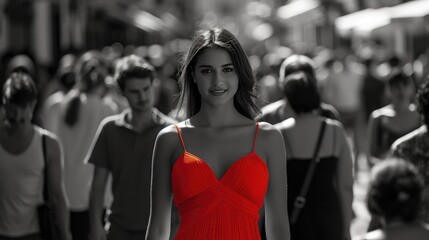 Fototapeta premium Dressed in Joy: Bold Red Against a Monochromatic Urban Backdrop