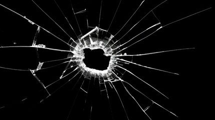 Broken glass on a dark background. After the impact, the glass surface has cracks diverging from the point of impact or bullet hit. The concept of destruction, vulnerability and fragility of existence
