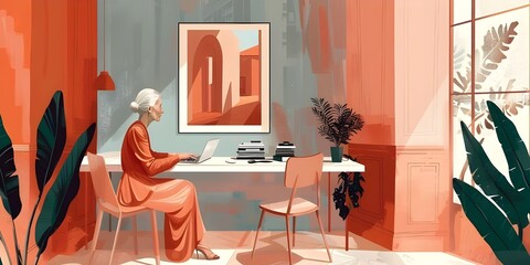 A woman in her golden age works in an office. The concept of women working at any age.