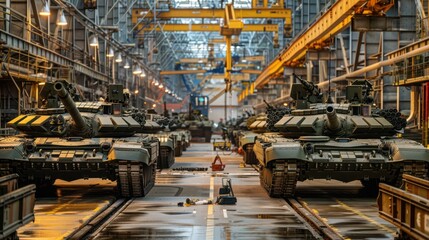 A row of military tanks stands ready for inspection on a production line in a modern factory