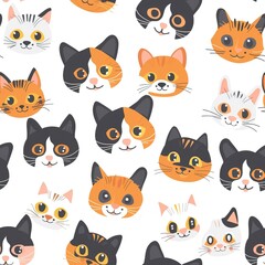 Fototapeta premium Cats seamless pattern. Colorful cartoon style cat head smile face. High quality AI generated image