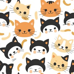 Obraz premium Cats seamless pattern. Colorful cartoon style cat head smile face. High quality AI generated image