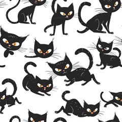 Seamless pattern of black cats background, Cartoon style black kitten illustration. High quality AI generated image