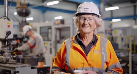 Confident senior woman engineer in safety gear smiling in an industrial workshop