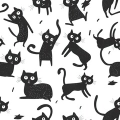 Seamless pattern of black cats background, Cartoon style black kitten illustration. High quality AI generated image