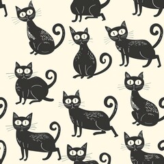 Seamless pattern of black cats background, Cartoon style black kitten illustration. High quality AI generated image