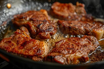 Close up view of pork steak being fried
