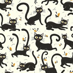 Seamless pattern of black cats background, Cartoon style black kitten illustration. High quality AI generated image