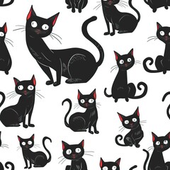 Seamless pattern of black cats background, Cartoon style black kitten illustration. High quality AI generated image