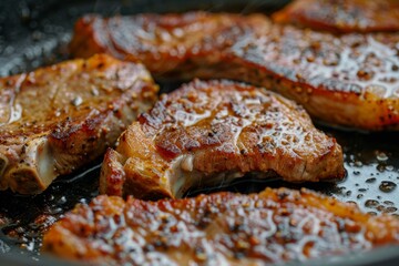 Close up view of pork steak frying in pan