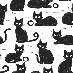 Seamless pattern of black cats background, Cartoon style black kitten illustration. High quality AI generated image