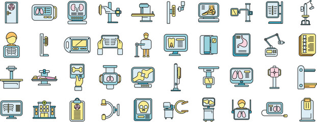 X-ray examination icons set outline vector. Hospital room. Medical department thin line color flat on white