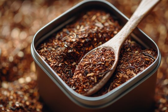 closeup of wooden spoon in rooibos tea tin box
