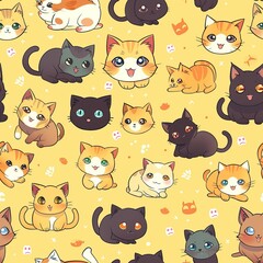 Seamless Pattern with Cute Cat colorful Illustration Design Background. Cute cartoon style cat pattern. High quality AI generated image