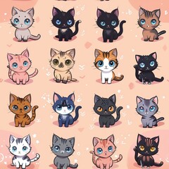 Obraz premium Seamless Pattern with Cute Cat colorful Illustration Design Background. Cute cartoon style cat pattern. High quality AI generated image
