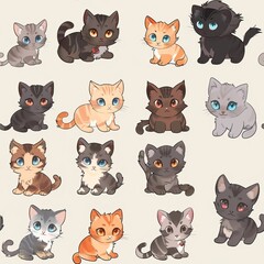Fototapeta premium Seamless Pattern with Cute Cat colorful Illustration Design Background. Cute cartoon style cat pattern. High quality AI generated image
