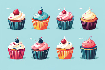 Cupcakes icon set. Cute sweet cupcakes. set of creamy muffins, desserts, cakes, cupcakes, chocolate cream, vanilla cream, crème ice cream, different flavors.