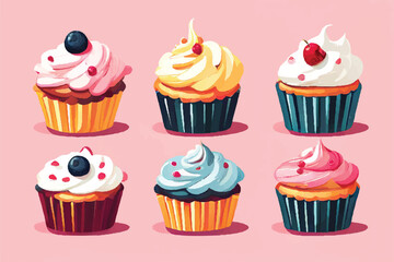 Cupcakes icon set. Cute sweet cupcakes. set of creamy muffins, desserts, cakes, cupcakes, chocolate cream, vanilla cream, crème ice cream, different flavors.