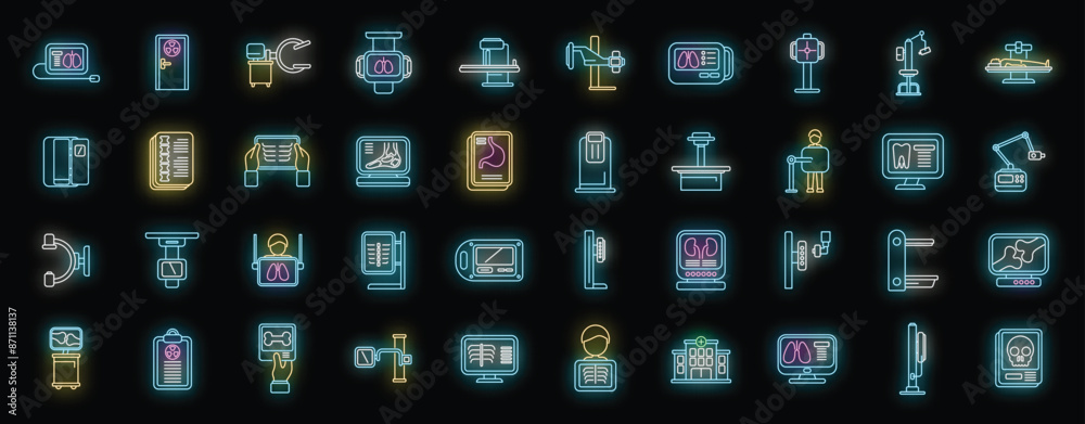 Poster x-ray examination icons set outline vector. hospital room. medical department neon color on black