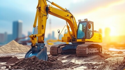 Sunset Urban Development: Vibrant Excavator in Cityscape
