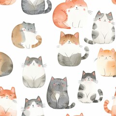 Seamless Pattern with Hand Drawn Cartoon Cat Illustration Design on White Background. Cute kitten pattern. High quality AI generated image