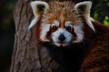 Portrait of a red panda resting on a tree
