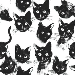 Fototapeta premium Seamless pattern of black or colorful cats doodle background, Cartoon style doodle kitten illustration. High quality AI generated image